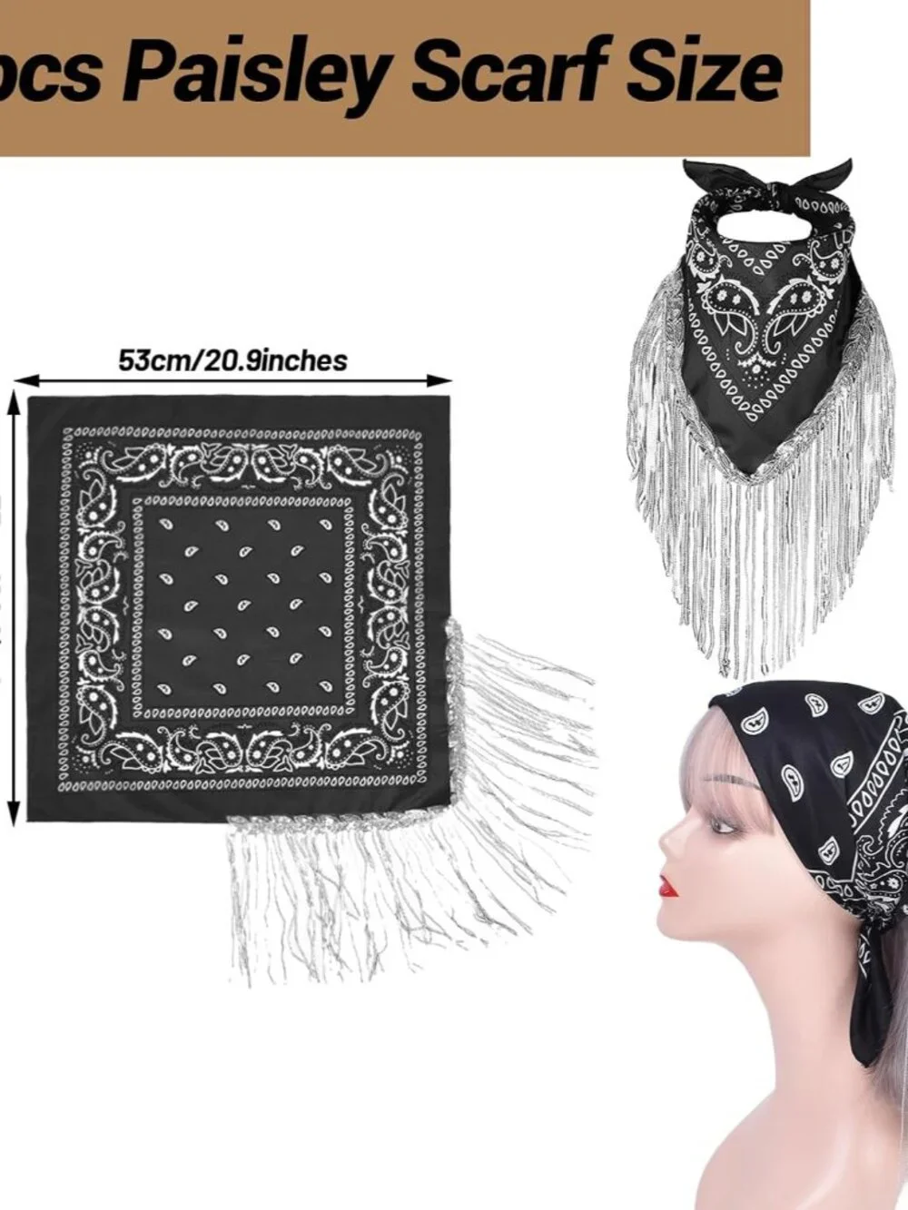 Hat with Fringed Bandana Set for Women Wide Brim Western Cowgirl Hat Paisley Hea